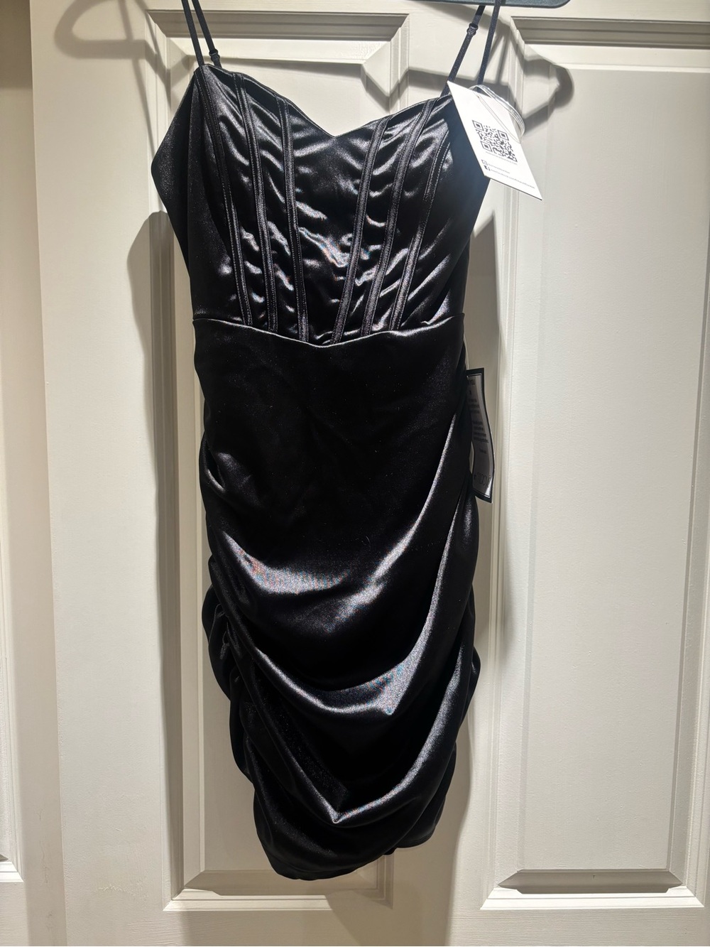 Emerald Sundae Black Satin Ruched Mini Dress with Spaghetti Straps